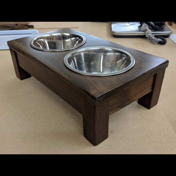Raised Dog Bowl Stand With Two Bowls in Walnut Finish, Wooden
