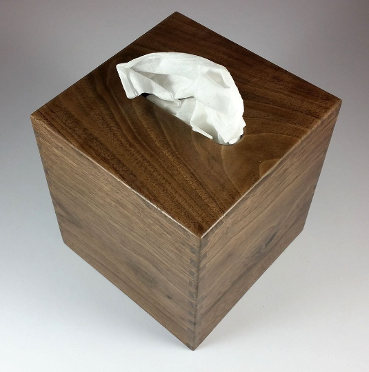 Solid Texas Black Walnut - Handmade Tissue / Kleenex Box Cover Holder -  Square Cube Style - Box Jointed Sides - Oak Knoll Woodworks